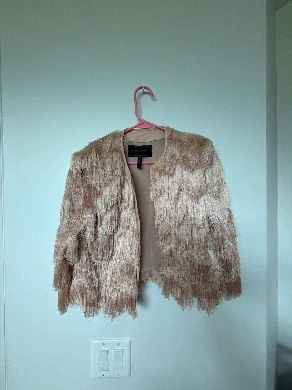 BCBGMAXAZRIA Jaxon Fringe Cropped Jacket in Blush Pink